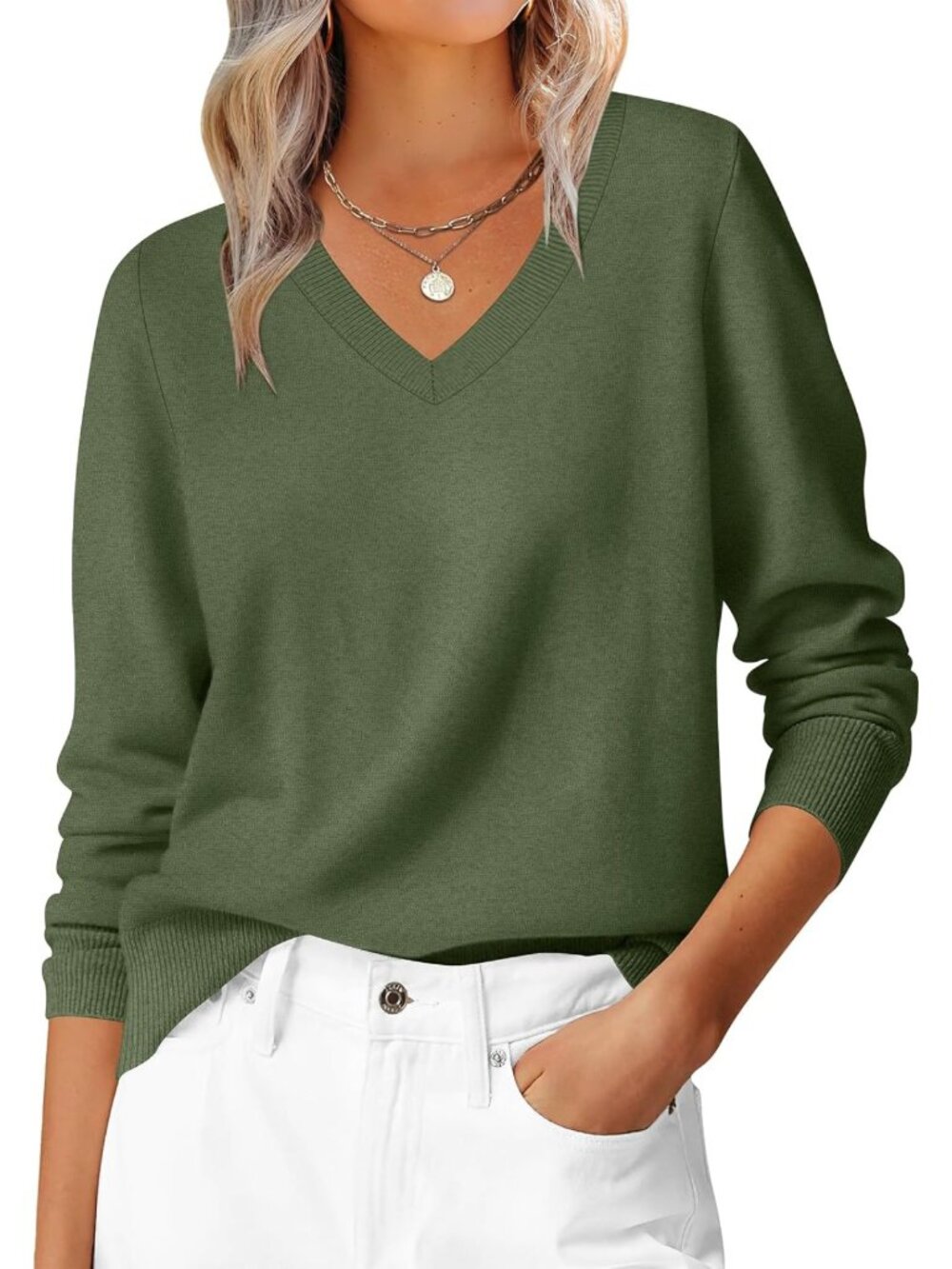 Cozy Women's Fall V-Neck Long Sleeve Lightweight Sweater Top for Layering
